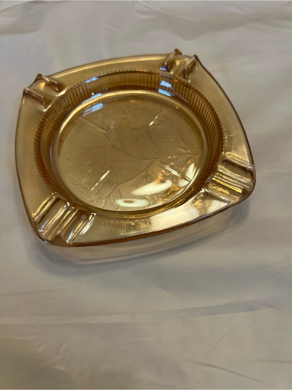 Vintage MCM Jeannette Glass Floragold Louisa Ashtray 1950s Marigold Iridescent
